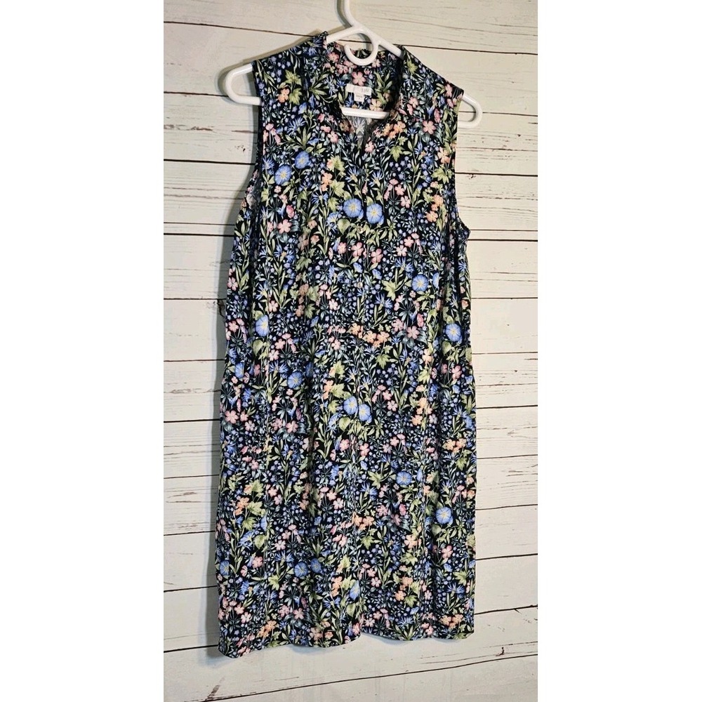 J Jill Black Vibrant Floral Collar Sleeveless Rayon Dress S